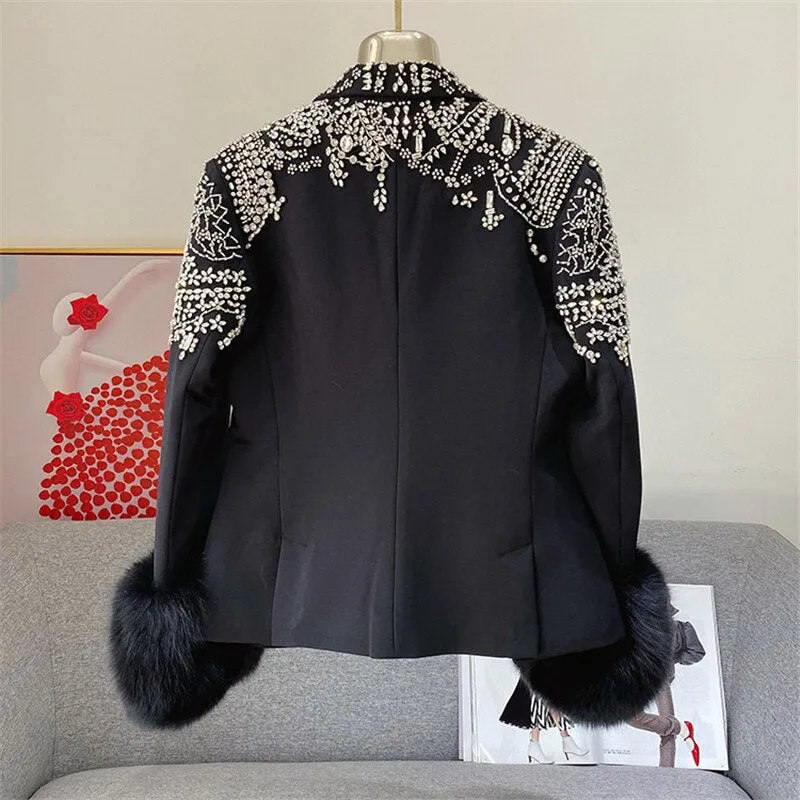 Handmade Beaded Big Fox Fur Sleeve Blazer  Coat