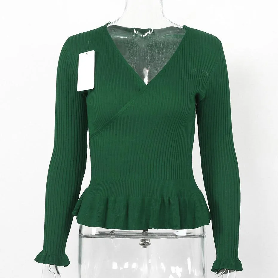 V Neck Ruffle Peplum Knitted Long Sleeve Wrap Shirt